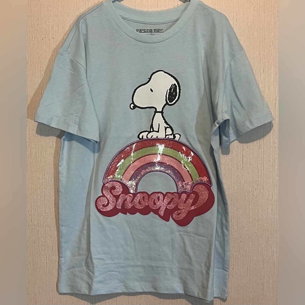 Peanuts Girl’s Snoopy Light Blue Kids T-Shirt with Rainbow and Confetti